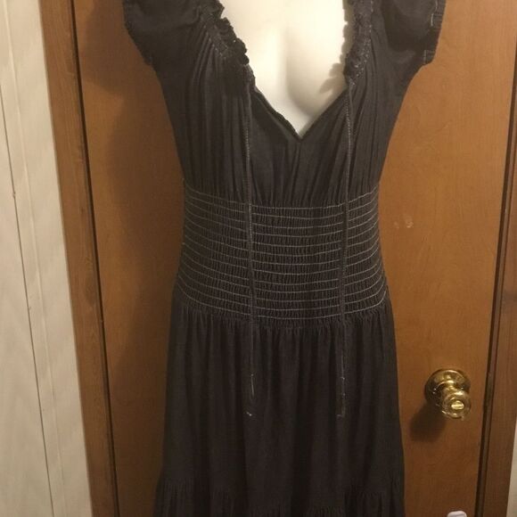 Tiered Ruffle Cinched Waist Boho Peasant Cottagecore Black Jean Maxi Dress 2P - Picture 4 of 10